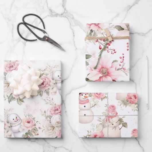 ヴィンテージピンクのクリスマス雪だるまと花 ラッピングペーパーシート (正面)