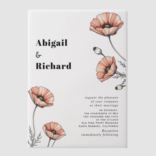 ヴィンテージピンクのケシの花のフローラ ベラム紙招待状 (正面)