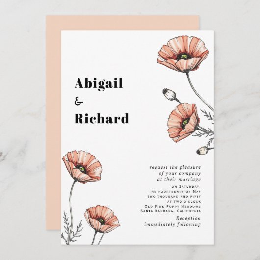 ヴィンテージピンクのケシの花のフローラ 招待状 (正面/裏面)