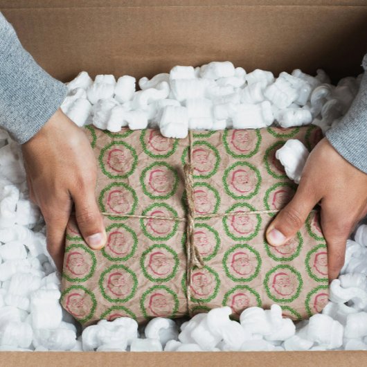 ヴィンテージピンクのサンタで緑のリースクリスマス 薄葉紙