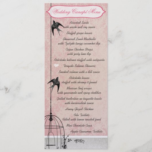 ヴィンテージピンクのダマスク鳥かご Save the Date メニュー (正面)