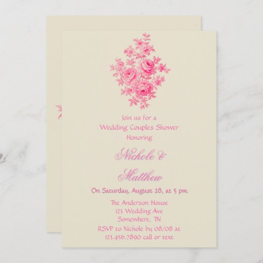ヴィンテージピンクのトイル結婚フラワーズカップルシャワー 招待状 (正面/裏面)