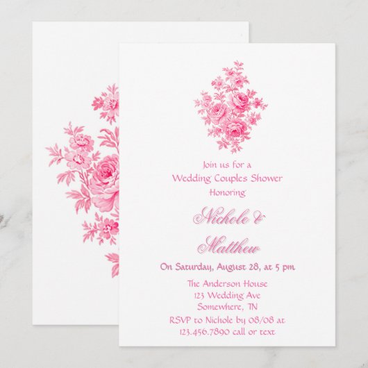 ヴィンテージピンクのトイル結婚フラワーズカップルシャワー 招待状 (正面/裏面)