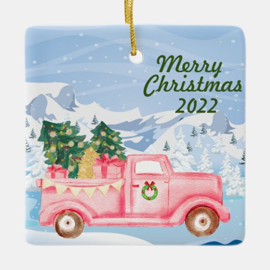 ヴィンテージピンクのトラックのクリスマスオーナメント2022 セラミックオーナメント (正面)
