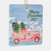 ヴィンテージピンクのトラックのクリスマス装飾 セラミックオーナメント (右)