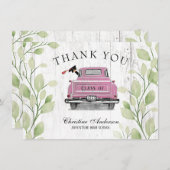 ヴィンテージピンクのトラックの緑の素朴卒業 サンキューカード (正面/裏面)
