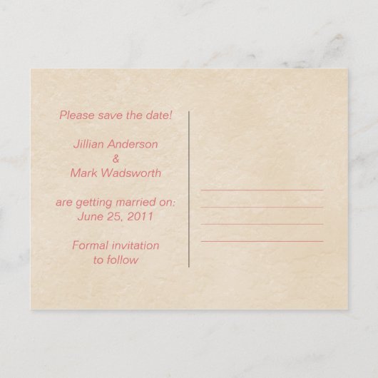 ヴィンテージピンクのバラが日付を保存 案内ポストカード (裏面)