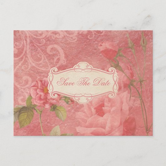 ヴィンテージピンクのバラが日付を保存 案内ポストカード (正面)