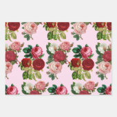 ヴィンテージピンクのバラとピンクのストライプ　3枚セット ラッピングペーパーシート (正面)