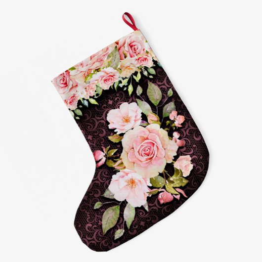 ヴィンテージピンクのバラとレース ラージクリスマスストッキング (裏面 (吊り時))