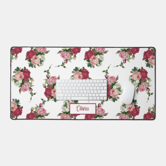 ヴィンテージピンクのバラと名前 – 白の背景 デスクマット (キーボード&マウス)