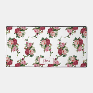 ヴィンテージピンクのバラと名前 – 白の背景 デスクマット