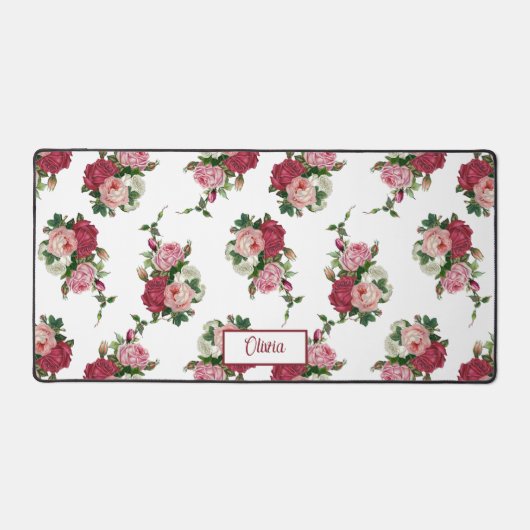 ヴィンテージピンクのバラと名前 – 白の背景 デスクマット (正面)