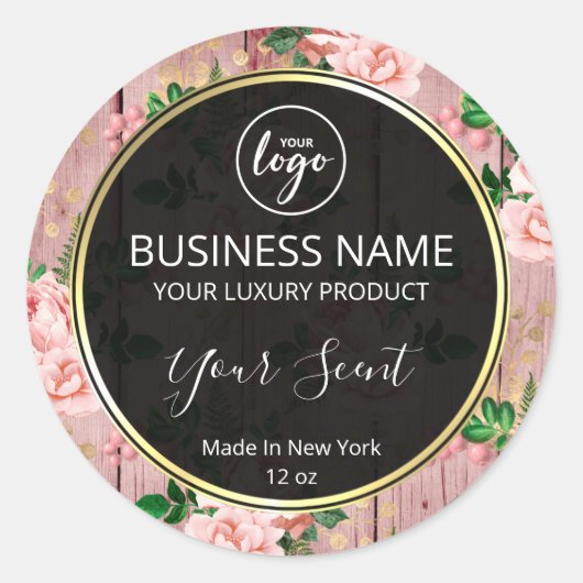 ヴィンテージピンクのバラと木製のキャンドルラベル ラウンドシール (正面)