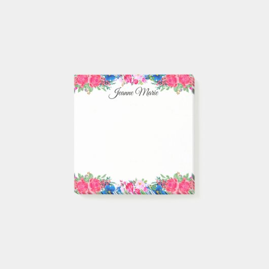 ヴィンテージピンクのバラと青い花パーソナライズされた ポストイット (正面)