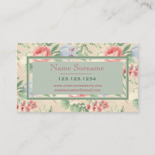 ヴィンテージピンクのバラと青の花柄のパタカスタムーン 名刺 (裏面)