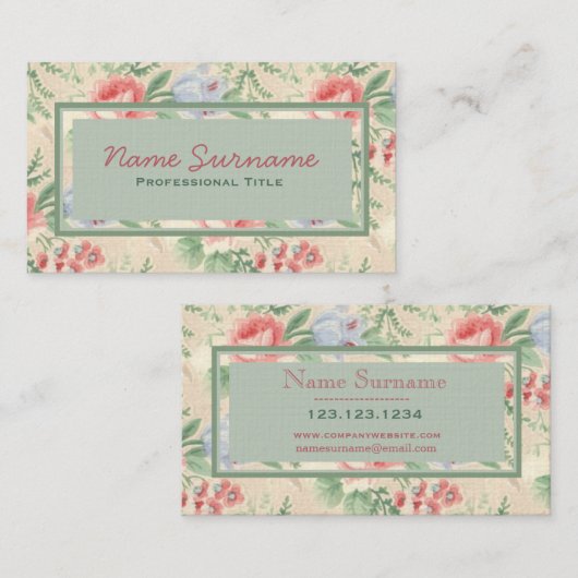 ヴィンテージピンクのバラと青の花柄のパタカスタムーン 名刺 (正面/裏面)
