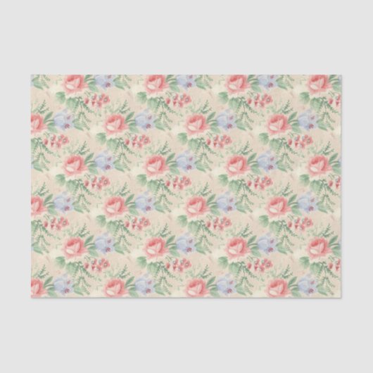 ヴィンテージピンクのバラと青の花柄 薄葉紙 (正面)