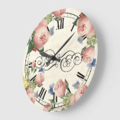 ヴィンテージピンクのバラと青の蝶 ラージ壁時計 (傾斜)