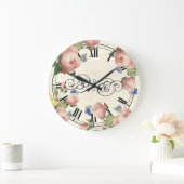 ヴィンテージピンクのバラと青の蝶 ラージ壁時計 (ホーム)