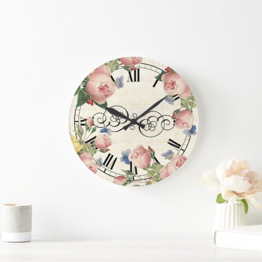 ヴィンテージピンクのバラと青の蝶 ラージ壁時計 (ホーム)