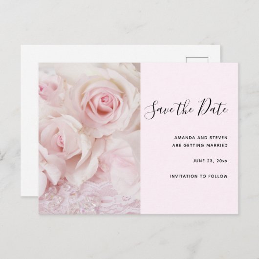 ヴィンテージピンクのバラエレガントス&レース – 日付を保存 インビテーションポストカード (正面/裏面)