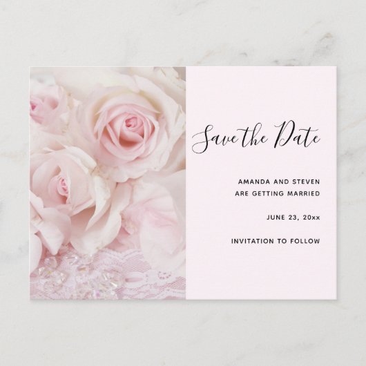 ヴィンテージピンクのバラエレガントス&レース – 日付を保存 インビテーションポストカード (正面)