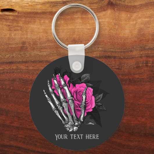 ヴィンテージピンクのバラパーソナライズされた骨格 キーホルダー (正面)
