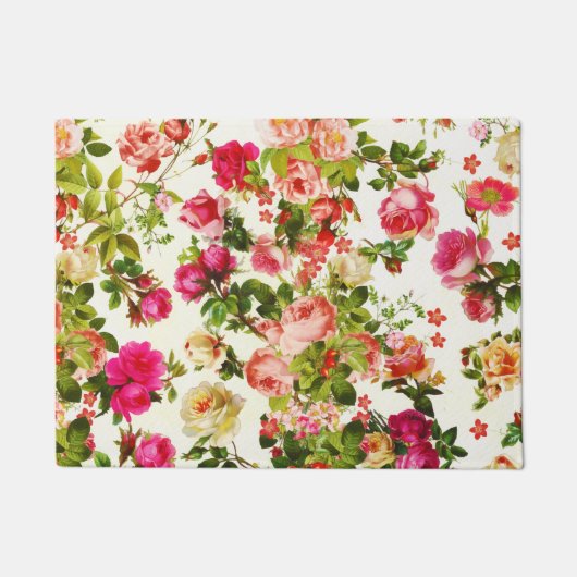 ヴィンテージピンクのバラ牡丹花 ドアマット (正面)