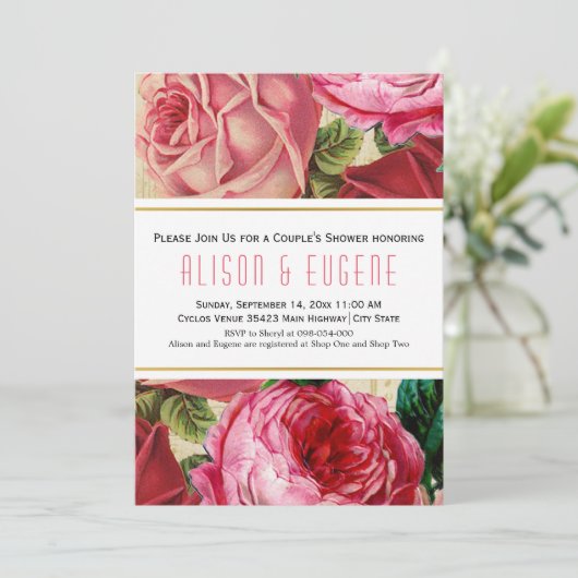 ヴィンテージピンクのバラ結婚スフローラのカップルのシャワー 招待状 (スタンド正面)