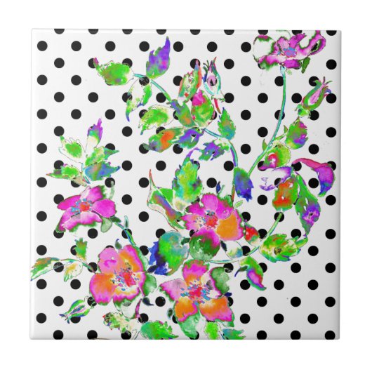 ヴィンテージピンクのバラ絵画の水色の水玉模様 タイル (正面)