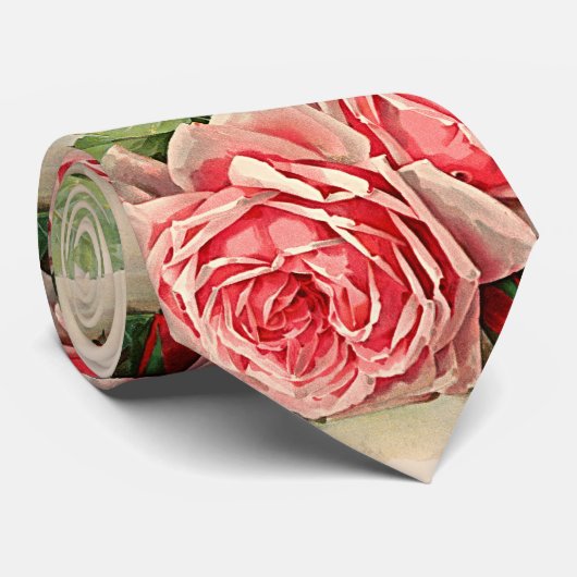 ヴィンテージピンクのバラ花柄 ネクタイ (ロール)