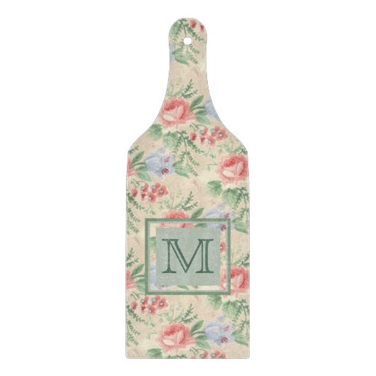 ヴィンテージピンクのバラ花模様モノグラム カッティングボード (正面)