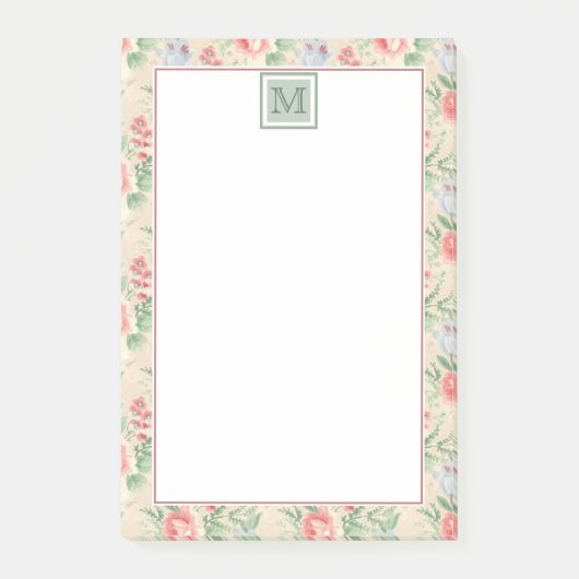 ヴィンテージピンクのバラ花模様モノグラム ポストイット (正面)