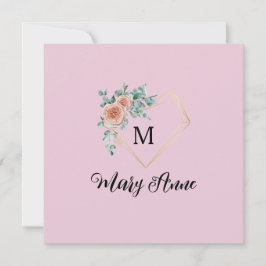 ヴィンテージピンクのバラ ゴールドハート モノグラムと名前 シーズンカード
