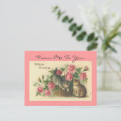 ヴィンテージピンクのバラ/猫誕生日 – 葉書 ポストカード (スタンド正面)