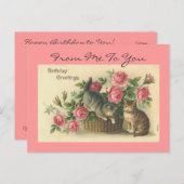 ヴィンテージピンクのバラ/猫誕生日 – 葉書 ポストカード (正面/裏面)