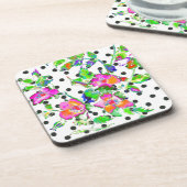 ヴィンテージピンクのバラ – 白黒のポルカドット コースター (左側)