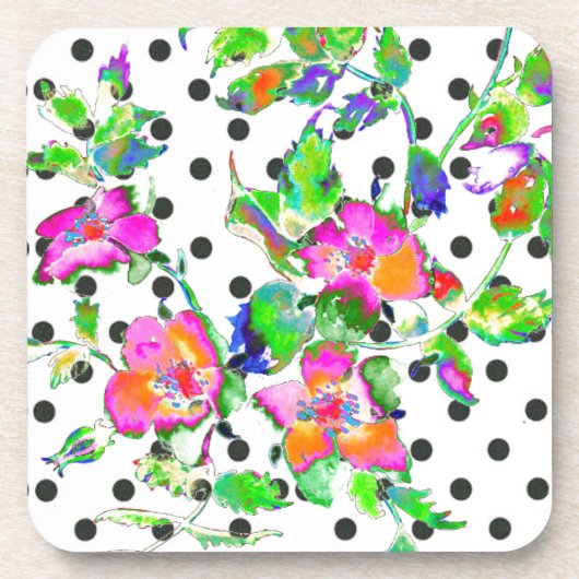 ヴィンテージピンクのバラ – 白黒のポルカドット コースター (正面)