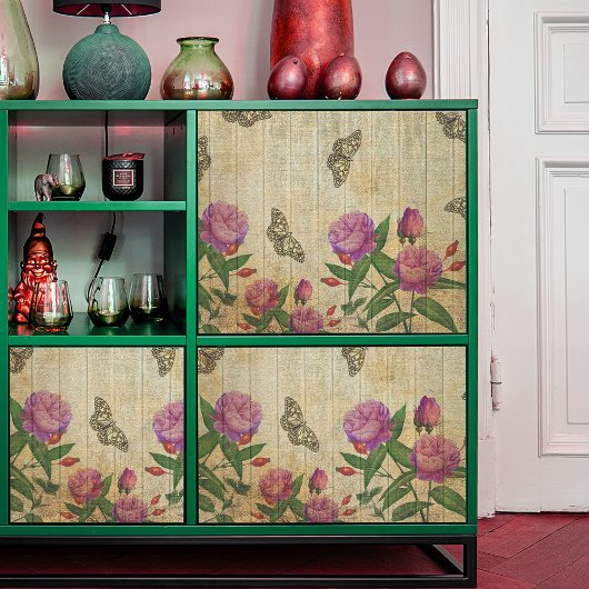 ヴィンテージピンクのバラ&蝶オンウッドデクページ 薄葉紙