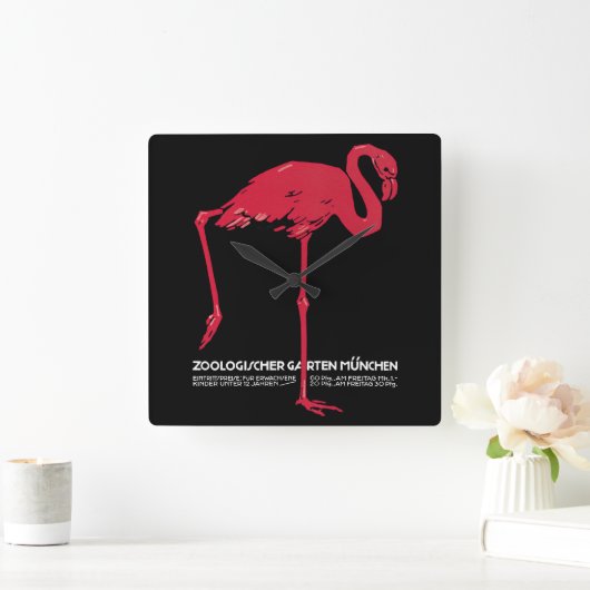 ヴィンテージピンクのフラミンゴの鳥ドイツ・ミュンヘン動物園 スクエア壁時計 (ホーム)