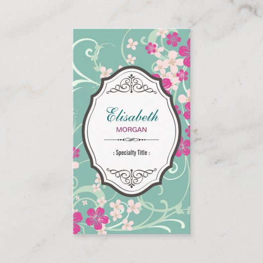 ヴィンテージピンクのフローラエレガントグリーンの渦巻き花 名刺 (正面)