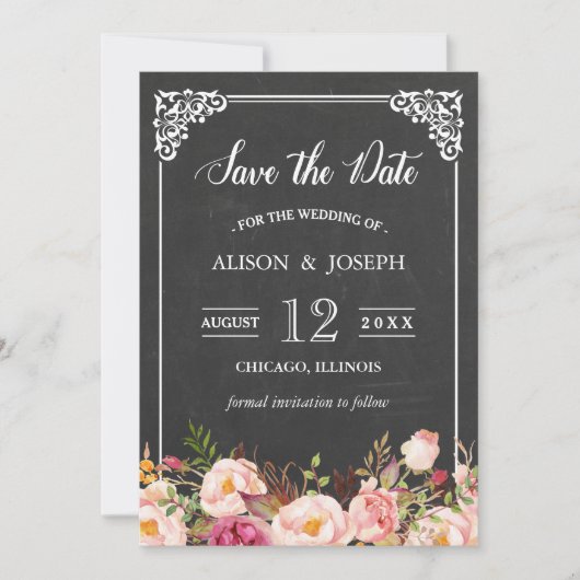 ヴィンテージピンクのフローラシャルボード日付を保存 セーブザデート (正面)