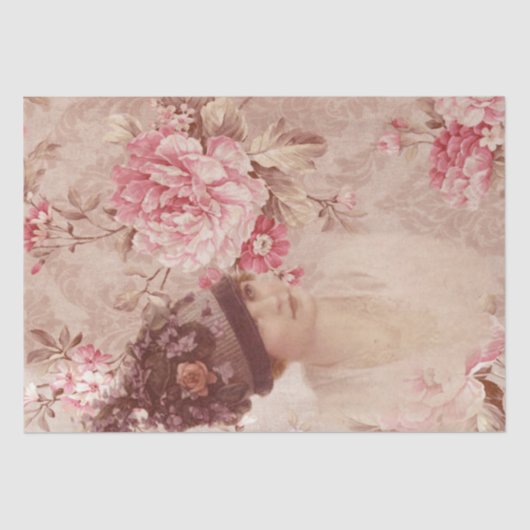 ヴィンテージピンクのフローラ女性ハットシャビーシック 薄葉紙 (正面)