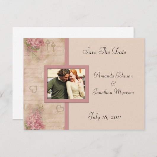 ヴィンテージピンクのライラック日付を保存 案内ポストカード (正面/裏面)