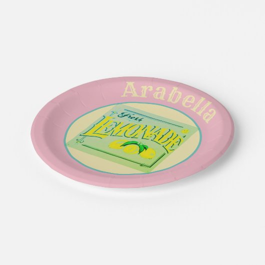 ヴィンテージピンクのレモネード標識レモン果実夏 ペーパープレート (アングル)