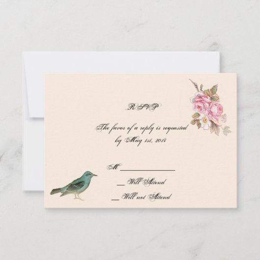 ヴィンテージピンクのローズとロビン結婚の応答カード 出欠カード (正面)