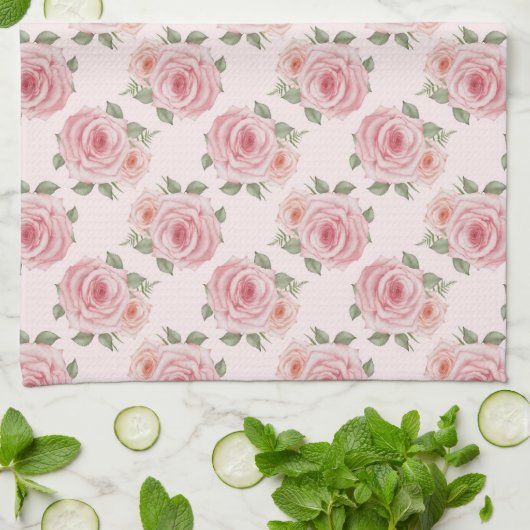ヴィンテージピンクのローズガーデンコテージの花の模様 キッチンタオル (折り畳み)