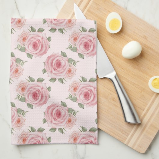 ヴィンテージピンクのローズガーデンコテージの花の模様 キッチンタオル (四つ折り)