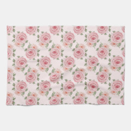 ヴィンテージピンクのローズガーデンコテージの花の模様 キッチンタオル